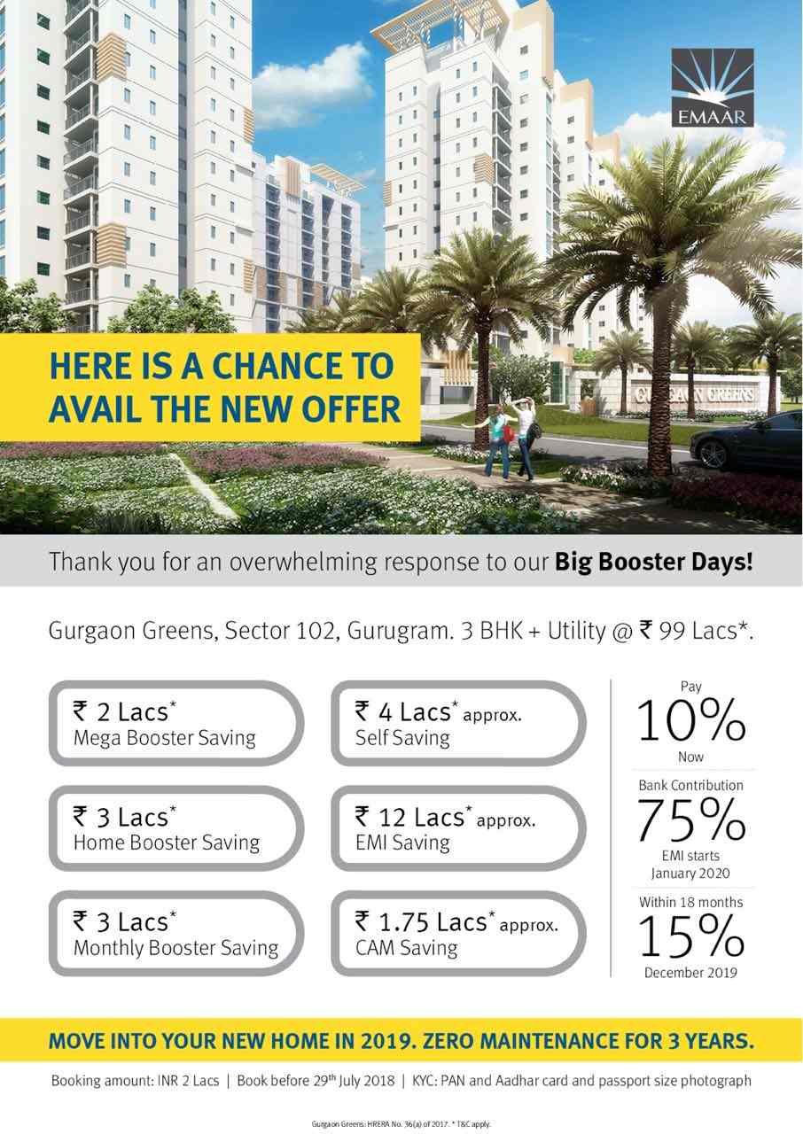 Book 3 BHK + Utility @ Rs. 99 Lacs at Emaar MGF Gurgaon Greens in Gurgaon Update